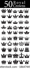 50 Vector collection of creative king and queen crowns symbols or logo elements. Set of Geometric vintage crown