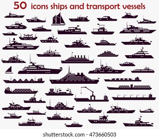 50 vector icons of marine vessels, motorboats, yachts and cargo ships.