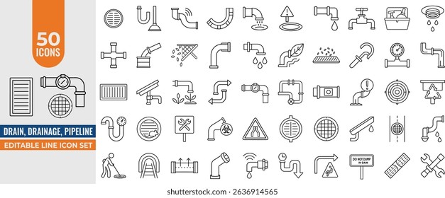 50 Vector Line Icons of Drainage, Sewage, Pipes, Sewers, and Grates – Fully Editable Stroke Pack