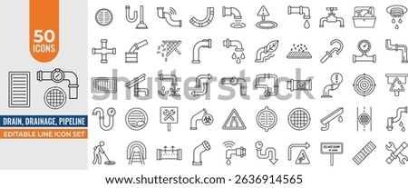 50 Vector Line Icons of Drainage, Sewage, Pipes, Sewers, and Grates – Fully Editable Stroke Pack