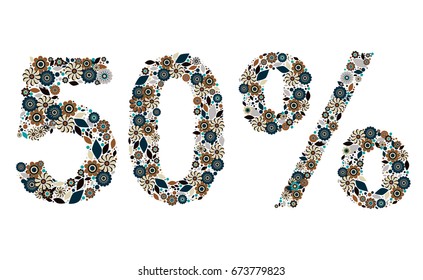 50% vector percentage number, consisting from flowers, leaves and dots on white background. Flat style elements. Perfect for sales, discount, retails. Trendy colors
