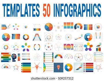 50 Vector Templates for Infographics, pie chart, ring chart, area chart, timeline, list diagram with text areas for five positions.