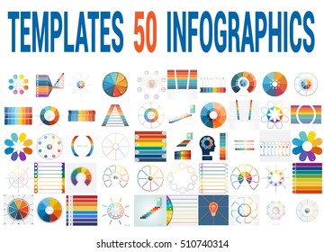 50 Vector Templates for Infographics, pie chart, ring chart, area chart, timeline, list diagram with text areas for eight positions.