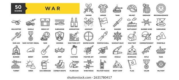 50 Conjunto de iconos de guerra. Diseño que contiene nación, país, ejército, soldado, batalla