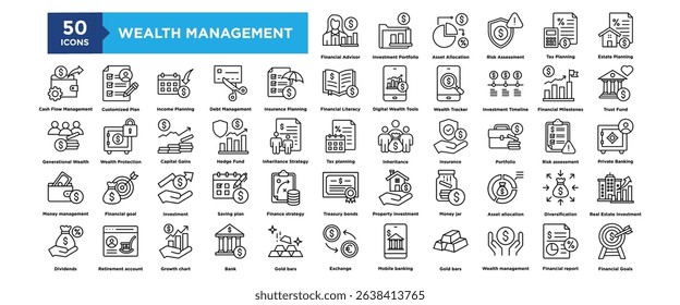 50 Wealth Management icon set. Containing design, Financial Advisor, Investment Portfolio, Asset Allocation, Risk Assessment, Tax Planning