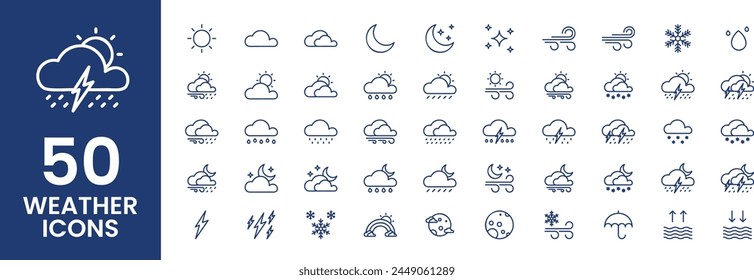 50 Icono de Clima. Conteniendo sol, lluvia, nieve, nubes, humedad, temperatura, verano, invierno, primavera, estaciones nubladas y lluviosas. Símbolo del clima. Colección de iconos de esquema.