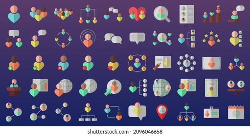 50 web icons for social network, websites, dating, mobile apps, etc. Flat icons for UI design. Business, finance, team, contact, office, management, commerce, audit, chat symbols. Vector EPS 10