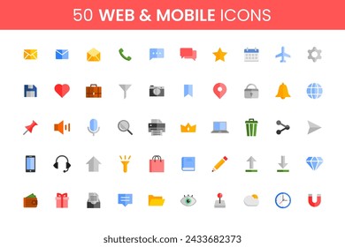 50 Web and Mobile Icons. Flat Style Colorful Design. Simple Vectors Illustrations.