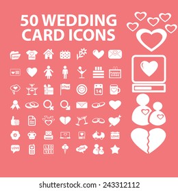 50 wedding card, romance, love icons, signs, symbols, illustrations set on background, vector