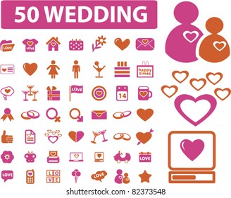 50 wedding icons, signs, vector illustrations