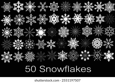 50 White Snowflake set. Cute snowflakes collection isolated on black background. Flat snow silhouette. Nice element for Christmas banner or cards. New year ornament.