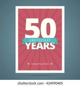 50 year anniversary card, poster template. Vector illustration in flat, retro style. 