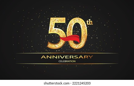 50 Year Anniversary celebration Vector Design with red ribbon and glitter. 50th Anniversary celebration. Gold Luxury Banner of 50th Anniversary. celebration card