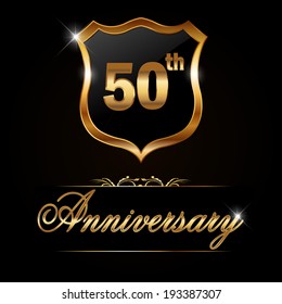 50 year anniversary golden label, 50th anniversary decorative golden emblem - vector illustration 