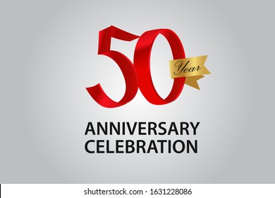 50 Year Anniversary Red Color Ribbon style with Golden Ribbon Color on Grey Background for banner, birthday card, invitation card, poster - Vector