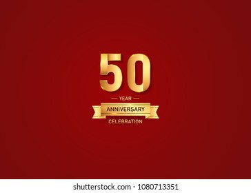 50 year golden anniversary vector illustration with gold ribbon isolated on red background