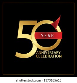 50 year minimalist logo years, jubilee, greeting card. Red and Gold Ribbons for Birthday invitation. Sign Ribbon Gold space vector illustration on black background - Vector