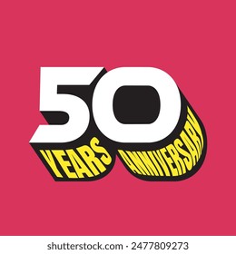 50 years anniversary 3D logo. 50th anniversary sticker, label, badge. Fifty years birthday greeting card. 50 age celebration template, poster, banner, typography, modern retro logo. red background