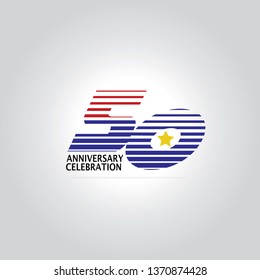 50 Years Anniversary, Blue and Red Color Text and with Yellow Star in the middle. 50 anniversary, celebration for greeting cards, wedding, birthday, party - vector