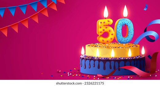 50 years anniversary. Cake with burning candles and confetti. Birthday banner. Vector illustration