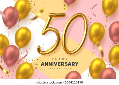 50 years anniversary celebration banner. 3d handwritten golden metallic number 10 and glossy balloons with confetti. Vector realistic template.