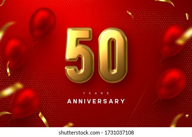 50 years anniversary celebration banner. 3d golden metallic number 50 and glossy balloons with confetti on red spotted background. Vector realistic template.