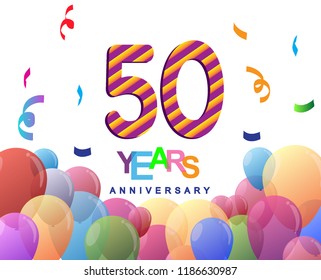50 years anniversary celebration with colorful balloons and confetti, colorful design for greeting card birthday celebration