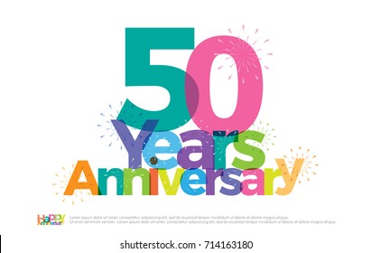 50 years anniversary celebration colorful logo with fireworks on white background. 50th anniversary logotype template design for banner, poster, card vector illustrator