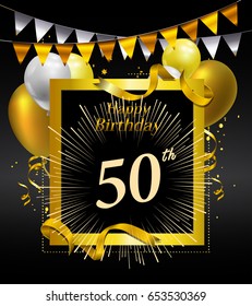 50 years anniversary celebration design. with confetti, balloon and flag golden colored isolated on black background, vector design for greeting card and invitation card
