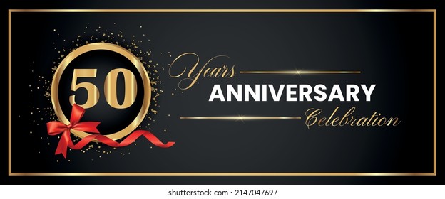 50 Years Anniversary Celebration Gold and Black Color Vector. anniversary celebration logotype with elegant modern number gold color for celebration, gold anniversary celebration, bow, ribbon, luxury.
