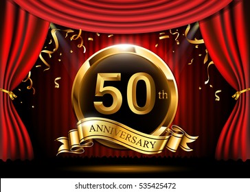 50 years anniversary celebration. with gold ribbon. Curtain background and light shine.