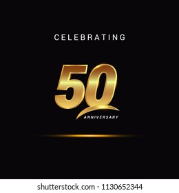 50 Years anniversary celebration golden logotype with swoosh isolated on black background, vector illustration design for greeting card, company event, invitation card, birthday
