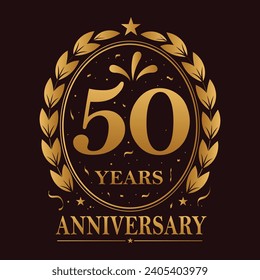 50 Years Anniversary celebration. Golden Color, Vector Template festive illustration. Birthday or wedding party event decoration.