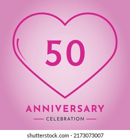 50 years anniversary celebration with heart isolated on pink background. Creative design for happy birthday, wedding, ceremony, event party, marriage, invitation card and greeting card.