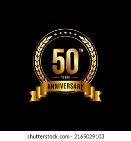 50 years anniversary celebration logotype with golden laurel and wreath, for booklet, leaflet, magazine, brochure poster, banner, web, invitation or greeting card. Vector illustrations.