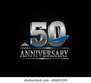 50 years anniversary celebration logotype. anniversary logo with silver color and blue wing isolated on black background, vector design for celebration, invitation card, and greeting card