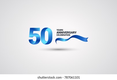 50 Years Anniversary celebration logotype colored with shiny blue, using ribbon and isolated on white background