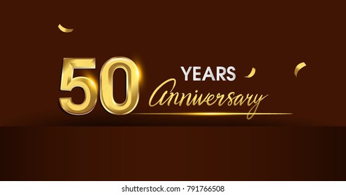 50 years anniversary celebration logotype. anniversary logo with golden color and gold confetti isolated on dark background, vector design for celebration, invitation card, and greeting card