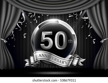 50 years anniversary celebration. with silver ribbon. Curtain background and light shine.