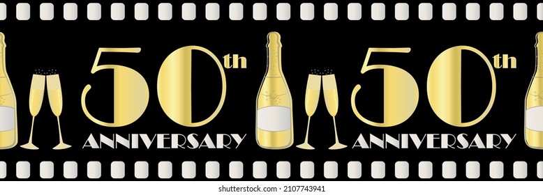 50 years anniversary celebration vector movie style border. Art Deco style gold foil effect golden gradient text, champagne bottle, glasses on black background. For celebration, party, business