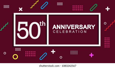50 years anniversary celebration white square style isolated on dark purple with colorful memphis pattern background, design for anniversary celebration.
