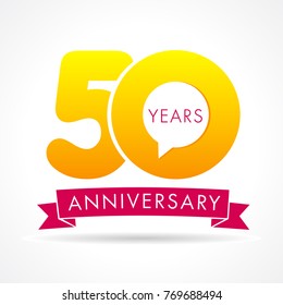 50 years anniversary communication logo. 50th year birthday logotype label, yellow vector number sign and pink ribbon isolated