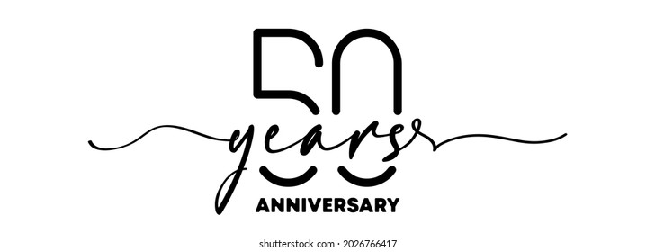 50 Years Anniversary Emblem. Anniversary Badge Or Label. 50th Celebration And Congratulation Design Element. One Line Style. Vector EPS 10. Isolated On Background.