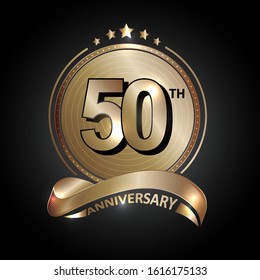 50 years anniversary gold logo template with ribbon. Poster template for Celebrating 50th event. Design for banner, magazine, brochure, web, invitation or greeting card. Vector illustration