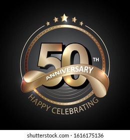 50 years anniversary gold logo template with ribbon. Poster template for Celebrating 50th event. Design for banner, magazine, brochure, web, invitation or greeting card. Vector illustration