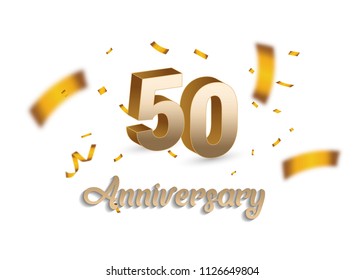 50 years Anniversary with golden 3d number and blur confetti isolated on white background