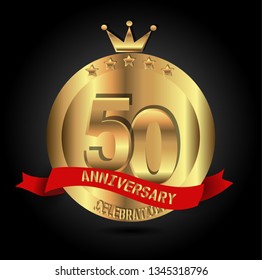 50 years anniversary with golden font, circle, crown, and star with red ribbon. anniversary text on top ribbon. Design like coin or medal with crown on top. Elegant and luxury design
