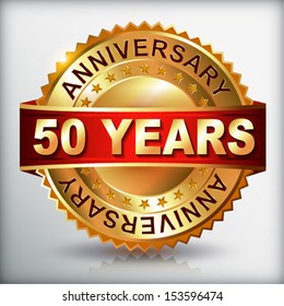 50 years anniversary golden label with ribbon.  Vector eps 10 illustration.