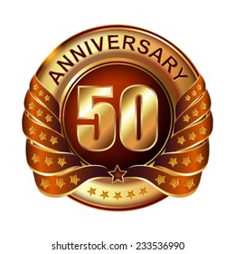 50 years anniversary golden label with ribbon. Vector illustration.