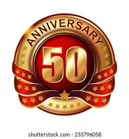 50 years anniversary golden label with ribbon.  Vector illustration. 